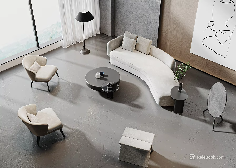Modern Curved Light Colored Sofa And Black Coffee Table Set With Accent Chairs Floor Lamp 3d model 