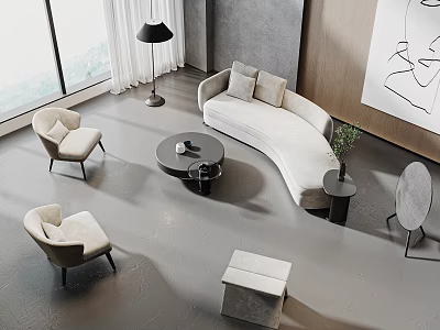 Modern Curved Light Colored Sofa And Black Coffee Table Set With Accent Chairs Floor Lamp 3d model
