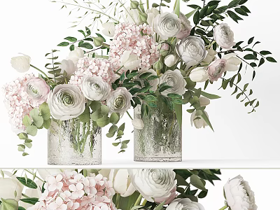Beautiful Decorative Floral Arrangement With White Roses Pink Hydrangeas Green Leaves In Clear Glass Vases 3d model