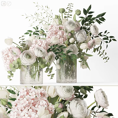 Beautiful Decorative Floral Arrangement With White Roses Pink Hydrangeas Green Leaves In Clear Glass Vases 3d model