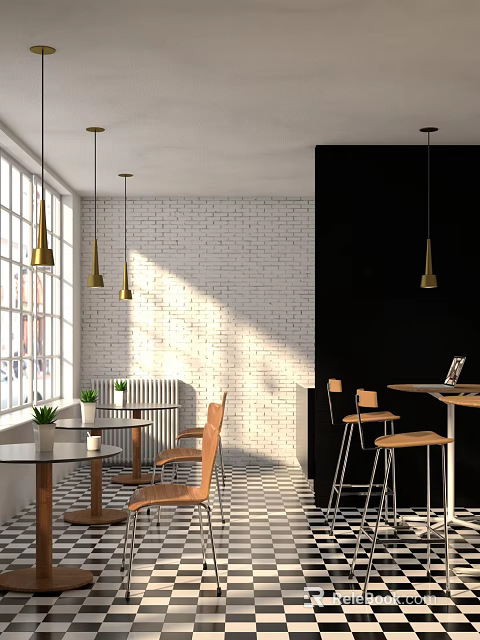 Modern Café Interior With White Brick Wall Black Accent Gold Pendant Lights And Wooden Chairs 3d model 
