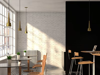 Modern Café Interior With White Brick Wall Black Accent Gold Pendant Lights And Wooden Chairs 3d model