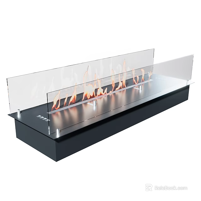 Modern Linear Fireplace With Glass Panels And Burning Flames For Interior Design 3d model