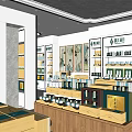 Specialty Store Interior With Shelves Displaying Products And Wooden Tables