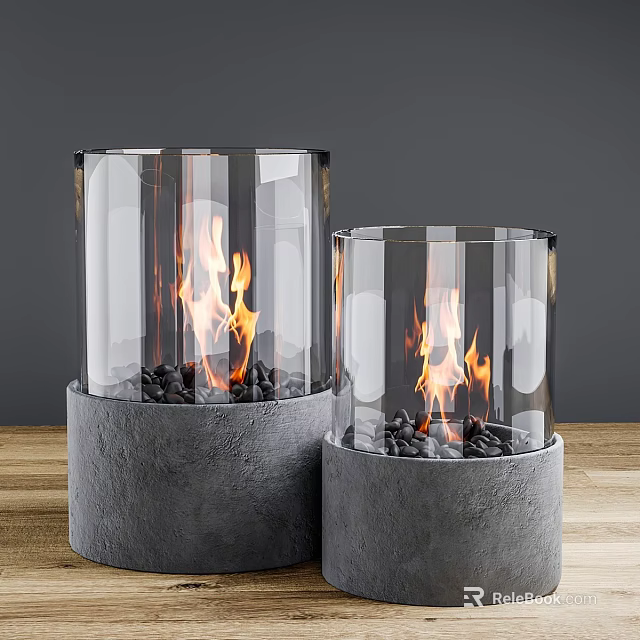 Modern Glass Fireplaces With Gray Bases And Flames 3d model