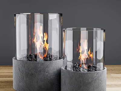 Modern Glass Fireplaces With Gray Bases And Flames 3d model