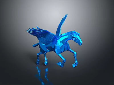 Blue Polygonal Winged Horse 3D Character Model with Shiny Surface and Dark Background 3d model