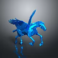 Blue Polygonal Winged Horse 3D Character Model with Shiny Surface and Dark Background