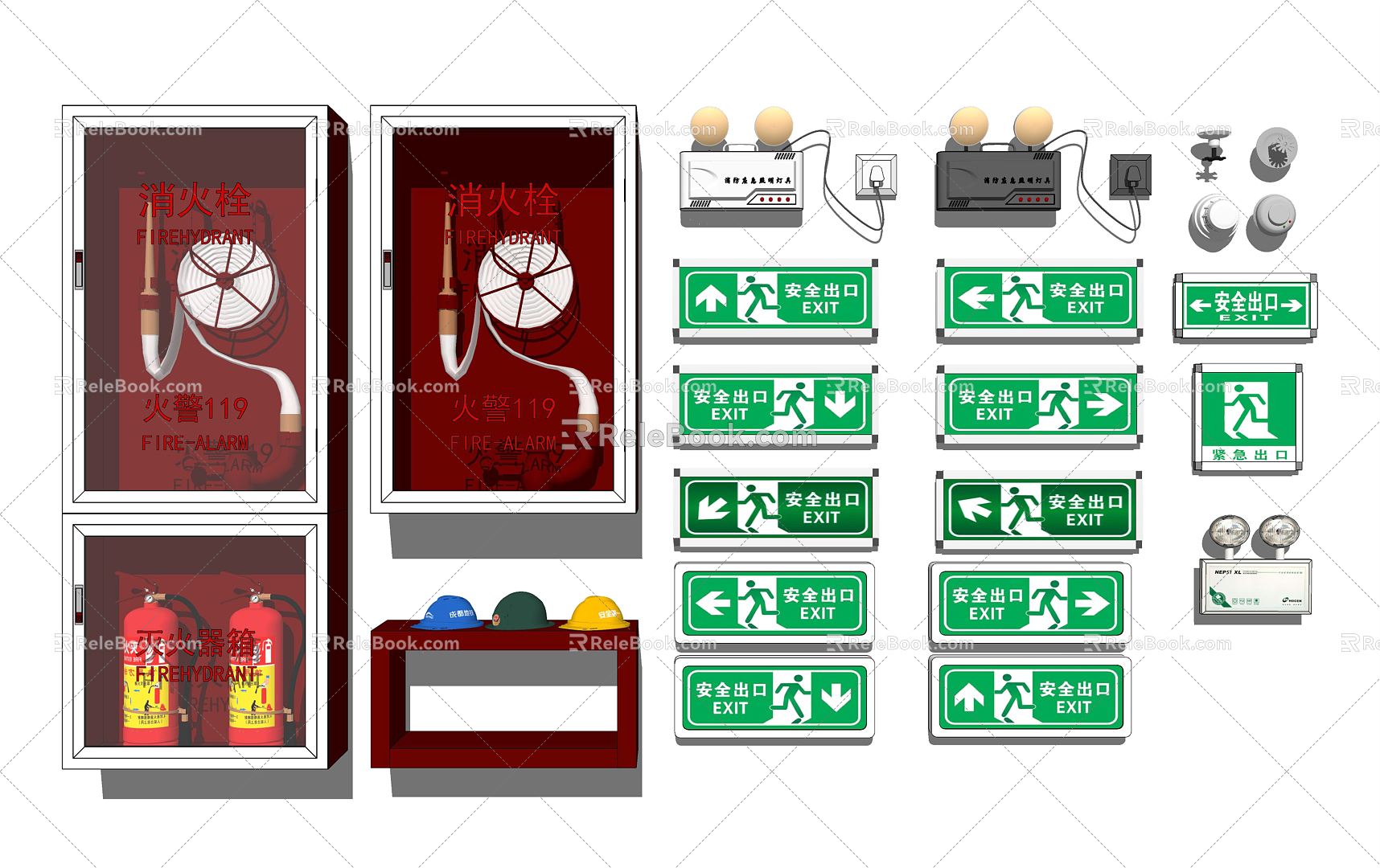 Modern fire fighting equipment, sprinkler, fire hydrant, fire extinguisher, safety helmet, safety exit sign model