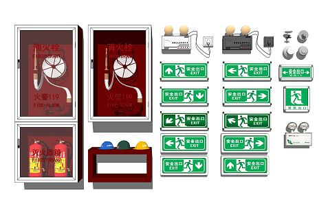 Modern fire fighting equipment, sprinkler, fire hydrant, fire extinguisher, safety helmet, safety exit sign 3d model