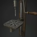 Vintage Industrial Manual Drill Press Machine With Metal Components Wooden Mounting Board And Foot Pedal