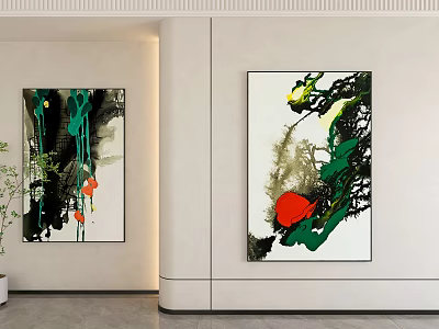 Modern Abstract Wall Art With Green Black Red Hues And Potted Plant On White Wall 3d model
