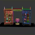 Vintage Wooden Display Cabinet With Carved Patterns And Central Decorative Vessel