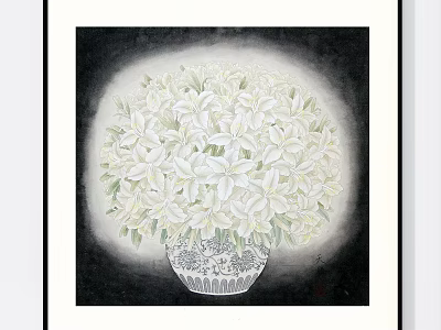 Framed Botanical Painting of White Lilies in Patterned Vase on Black Background 3d model