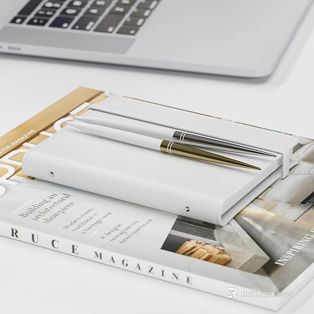 Elegant Books Magazines Display With White Notebook And Gold Pens On Desk 3d model 