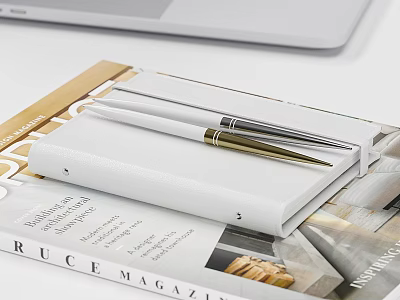 Elegant Books Magazines Display With White Notebook And Gold Pens On Desk 3d model