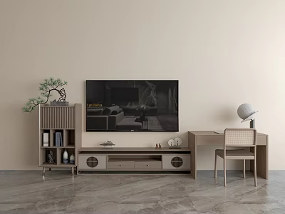 Modern Minimalist TV Stand With TV Bookshelf Table Lamp And Chair 3d model