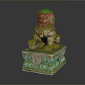 Ancient Style Stone Lion Statue With Moss Covered Surface And Carved Base