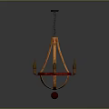 Wooden Chandelier With Red Decorative Ring And Candle Shaped Arms Hanging Chain