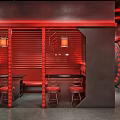 Modern Hotpot Restaurant Interior With Red Neon Lights And Decorative Metal Railings