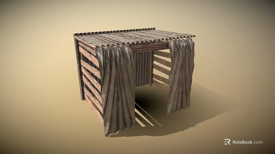Simple Public Shelter With Wooden Frame Corrugated Roof And Hanging Curtains 3d model 
