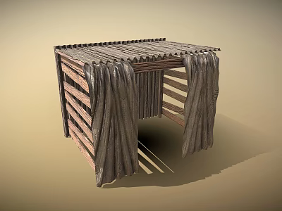 Simple Public Shelter With Wooden Frame Corrugated Roof And Hanging Curtains 3d model