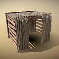 Simple Public Shelter With Wooden Frame Corrugated Roof And Hanging Curtains