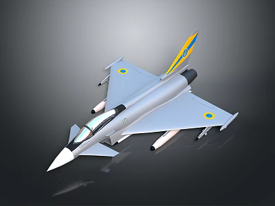 Sleek Modern Fighter Jet Silver Body Yellow Blue Tail Round Emblems On Wings With Missiles 3d model