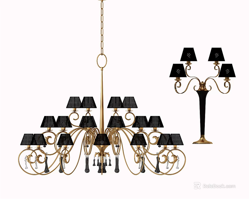 Chandelier and Floor Lamp Lighting Combination With Gold Frame Black Shades and Decorative Pendants 3d model 