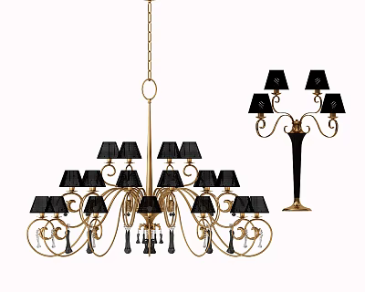 Chandelier and Floor Lamp Lighting Combination With Gold Frame Black Shades and Decorative Pendants 3d model