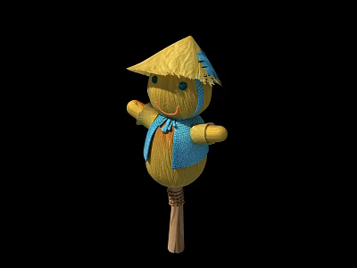 Traditional Scarecrow With Yellow Straw Body And Blue Knitted Clothing On Wooden Stick 3d model