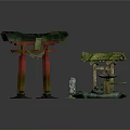 Traditional Japanese Garden With Torii Gate Wooden Shrine Stone Lantern Water Basin And Green Grass