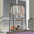 Clothing Rack With Hanging Clothes Bags Storage Boxes Near Plant And Window Blinds