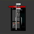 Modern Reception Desk With Black Countertop Red Edge And Upright Pole Display Screen 3d model