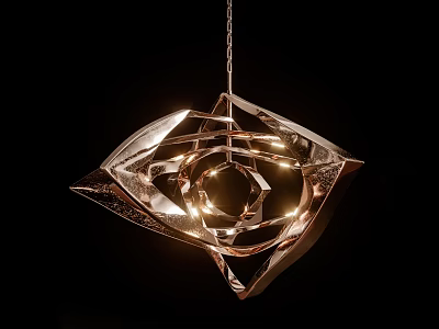 Modern Geometric Copper Chandelier With Intricate Metallic Structure And Illuminated Design 3d model