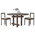 Round Dark Wood Dining Table Set with Wooden Chair and Decorative Vase
