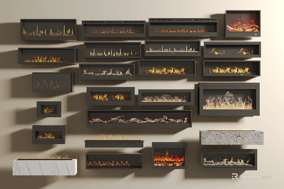 Various Fireplace Designs With Modern Styles Wall Mounted And Built In Options 3d model 