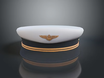 Classic Uniform Cap With White Top Black Brim Golden Emblem And Stripes 3d model