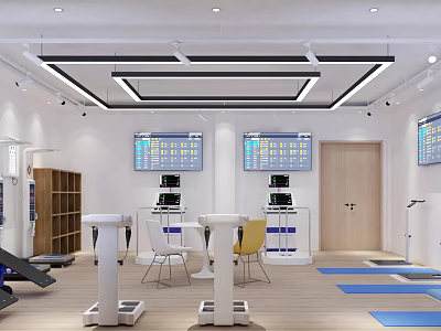 Modern Gym Interior With Treadmill Equipment Display Screens Yoga Mats Wooden Flooring And White Walls 3d model