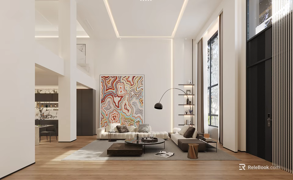 Spacious Modern Duplex Living Room Interior With Abstract Painting Sofa Wooden Floor And Large Windows 3d model 