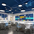 School Library Interior With Blue Ceiling White Walls Bookshelves Tables And Chairs