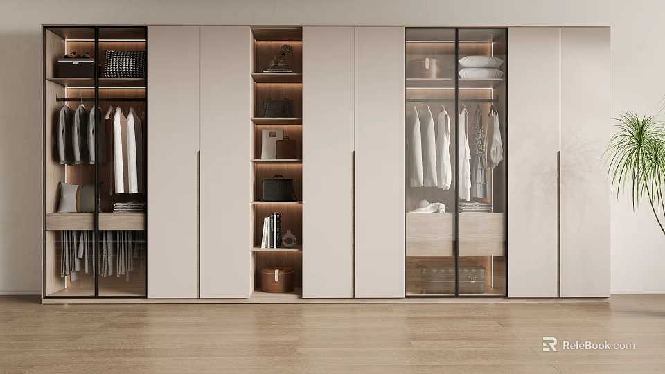 Elegant Modern Wardrobe Interior With Glass Doors Hanging Sections And Storage Drawers 3d model 