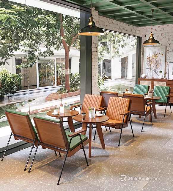 Cozy Cafe Interior With Wooden Chairs Green Cushions And Garden View 3d model 