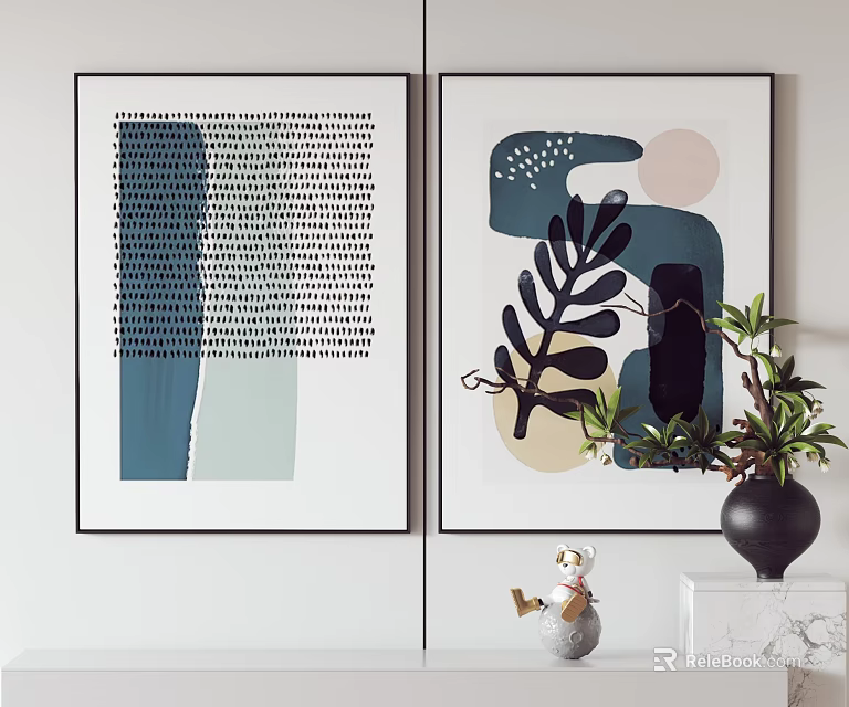 Abstract Art Prints On Wall With Vase Greenery And Decorative Objects 3d model