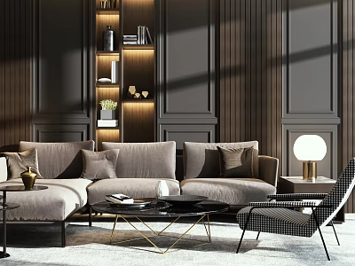 Modern Beige Sofa and Coffee Table Set with Dark Wood Paneled Walls and Accent Chair 3d model