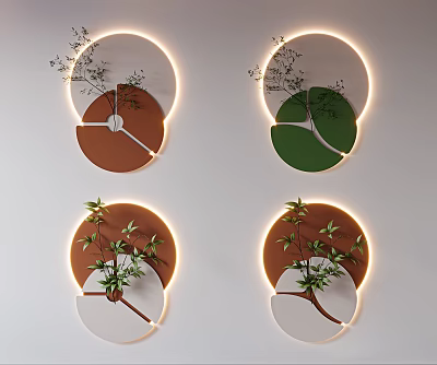Modern Circular Wall Decor with LED Light Frames Semicircle Design and Decorative Plants 3d model