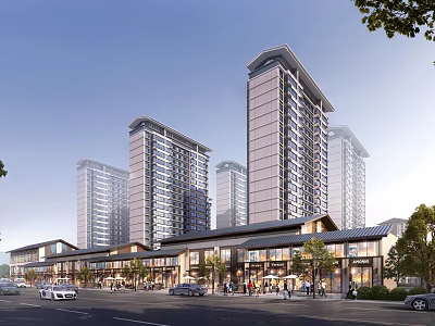 Modern Commercial Street With Retail Shops Pedestrians And Urban Vehicles 3d model