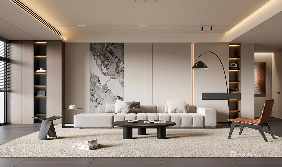 Modern Living Room Interior With Sofa Coffee Table Decorative Art And Floor Lamp 3d model 