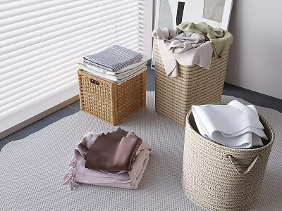 Wicker Storage Baskets With Folded Clothes And Fabrics On Gray Rug In Home Interior 3d model