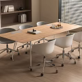 Modern Conference Table In Office Setting With Wooden Top Wheeled Chairs Bookshelf And Window Blinds